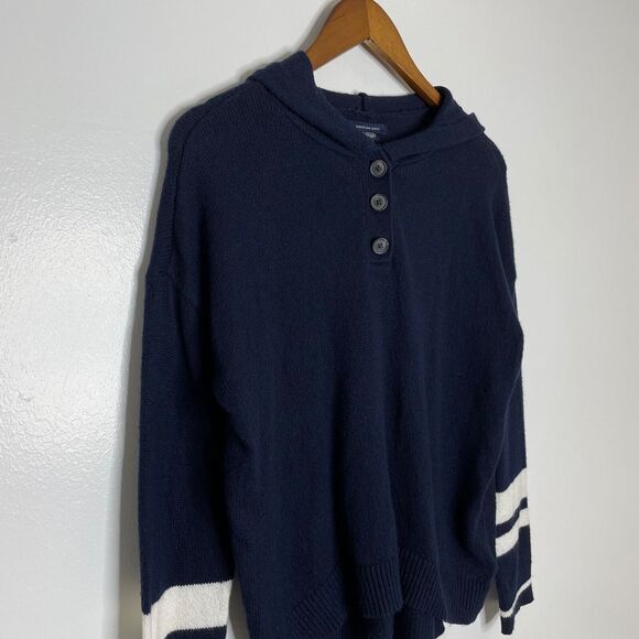 American Eagle Blue White Three Button Hooded Sweater Size XS Women’s NEW - Picture 3 of 7